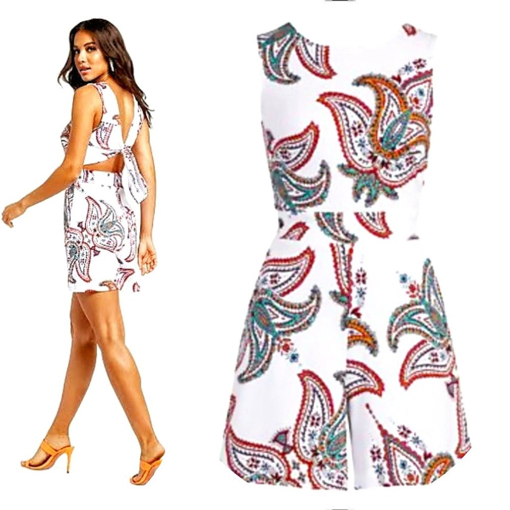 Open Back White Romper Multicolor Paisley Print  | New York & Company XS/SMALL